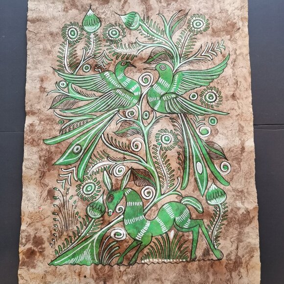 Burro & Birds Bold Amate Mexican Folk Art Bark Painting 16x24 Vintage Donkey - Picture 1 of 9